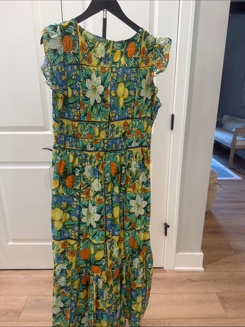 anthropology Floral Lemon Print Smoked V-Neck Maxi Dress - Green & Yellow - Picture 4 of 7